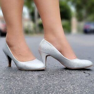 Women's Silver Glitter Low Heel Pumps Shoes